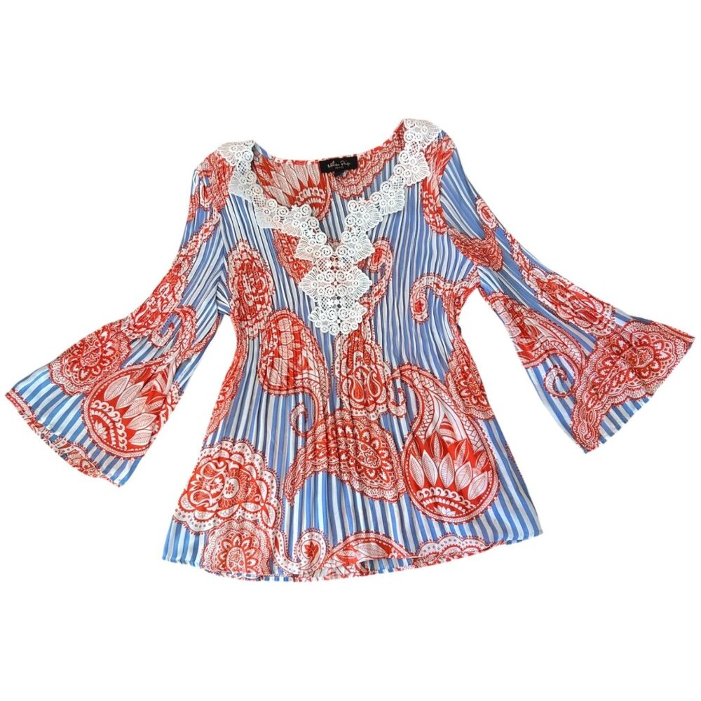 Melissa Paige Petite Boho Accordion Pleated Paisley Striped Top PM